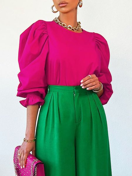 

Simple Regular Fit Plain Crew Neck Top, Rose red, Tops