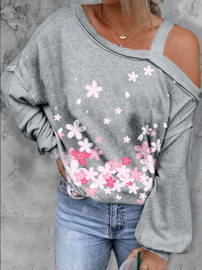 

Casual Floral Cotton-Blend Asymmetrical Tops, Gray, Shirts & Blouses