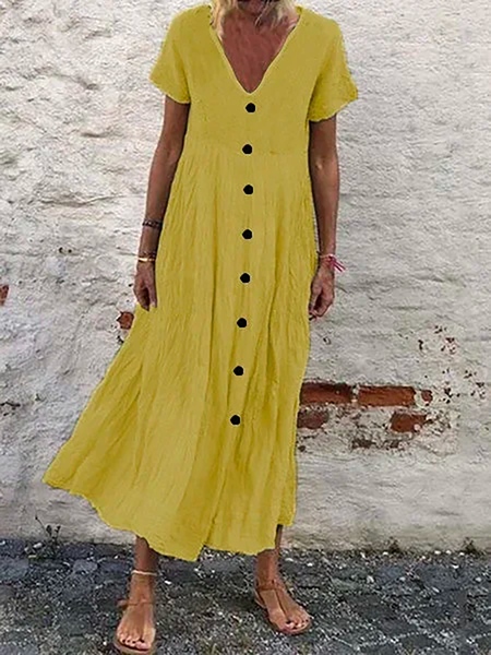 

Cotton Plain V Neck Casual Boho Dress, Yellow, Maxi