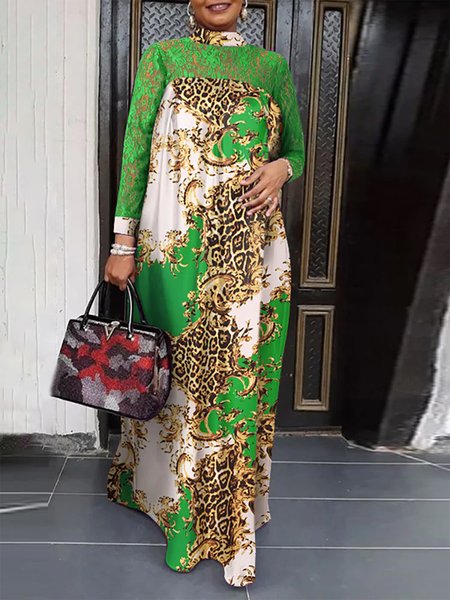 

Elegant Leopard Turtleneck Long Sleeve Maxi Dress, Green, Maxi Dresses