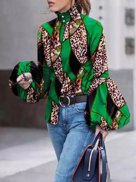 

Elegant Stand Collar Abstract Printed Lantern Sleeve Blouse, Green, Blouses and Shirts