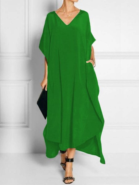 

Simple V Neck Half Sleeve Plain Pockets Dress, Green, Maxi Dresses