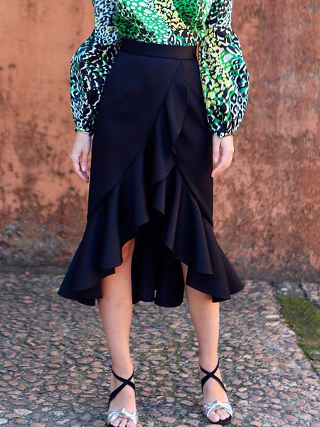 

Plain Elegant Regular Fit Midi Skirt, Black, Skirts