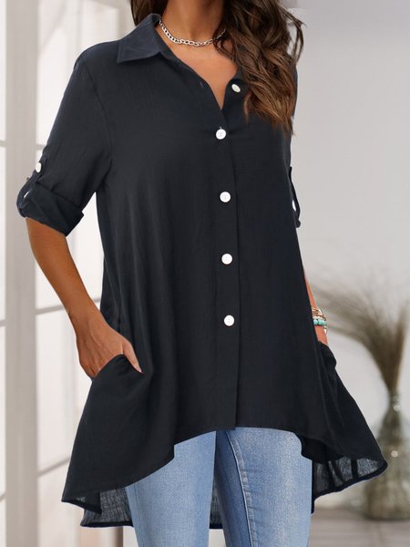 

Simple Shirt Collar Plain Asymmetric Blouse, Black, Shirts & Blouses