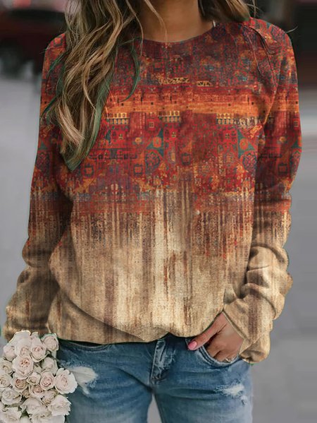

Casual Ethnic Floral Design Loose Knit Pullover Sweatshirt, Red brown, Sweatshirts & Hoodies