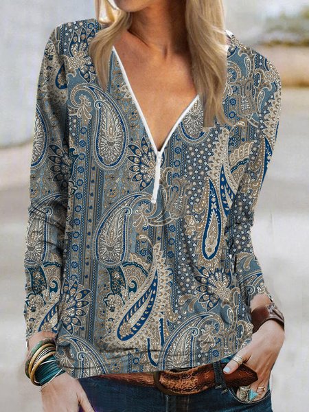 

V Neck Casual Loose Paisley Tops, Multicolor, Shirts & Blouses