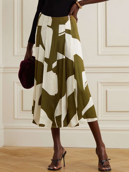 

Elegant Pleated Abstract Midi Skirt, Green, Skirts