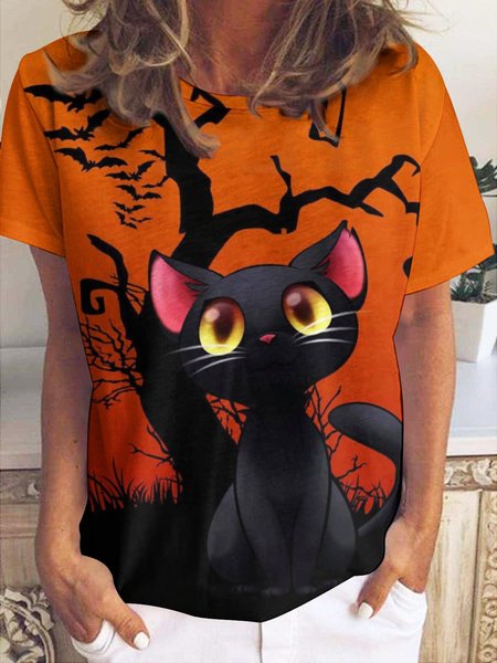 

Women Black Cat Simple Halloween Loose T-Shirt, Orange, T-shirts