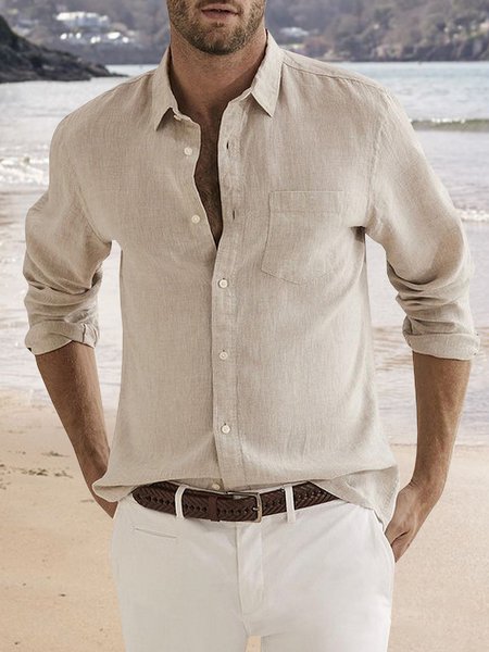 

Cotton Linen Plain Color Casual Long Sleeve Shirt, As picture, Long Sleeve Shirts