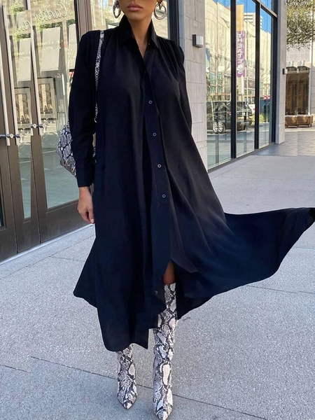 

Long sleeve A-Line Shirt Collar Plain Loose Shirt Dresses, Black, Midi Dresses