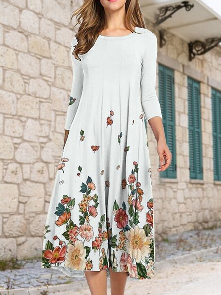 

Floral Casual Crew Neck Dresses, White, Dresses