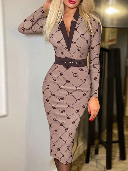 

High Elasticity Hip Skirt Long sleeve Elegant Tight V Neck Dresses, Brown, Midi Dresses