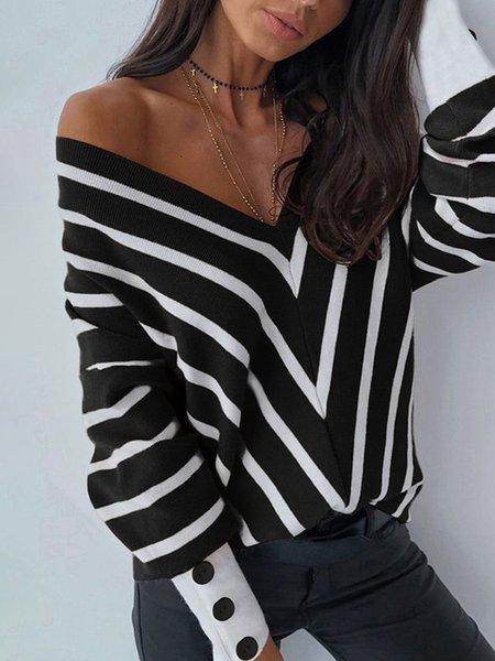

Casual Loosen Daily Long Sleeve Striped Sweater, Black, Sweaters