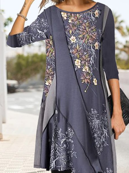 

Vintage Crew Neck Floral Color Block Dresses, Multicolor, Dresses