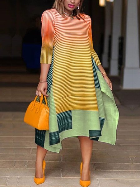 

Crew Neck Three Quarter Striped Printed Dress, Multicolor, Midi Dresses