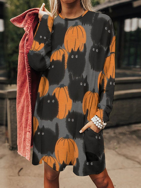 

Women Pumpkin And Black Cat Casual Halloween Crew Neck Dresses, Orange, Dresses