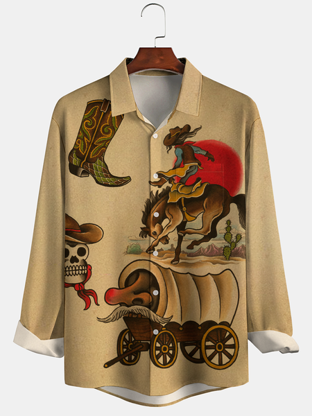 

Casual Culture Collection Cowboy Boots Horse Element Pattern Lapel Long Sleeve Print Shirt Top, Khaki, Shirts ＆ Blouse