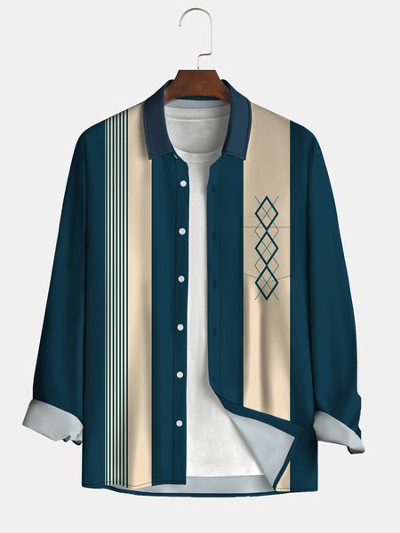 

Men's Geometric Stripe Print Fashion Lapel Long Sleeve Hawaiian Shirt, Blue, Long Sleeve Shirts
