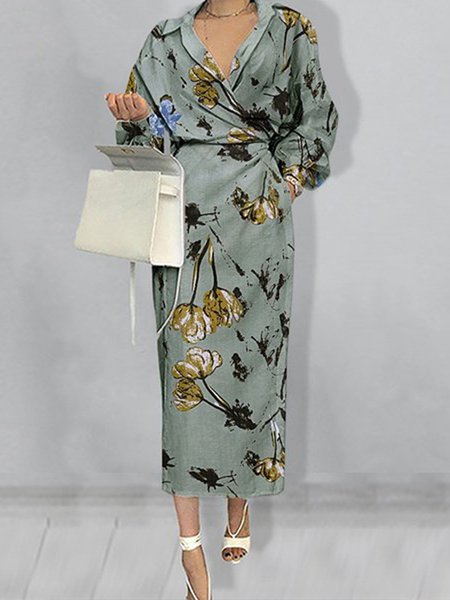 

Shirt Collar Floral Urban Long Sleeve Midi Dress, Green, Midi Dresses
