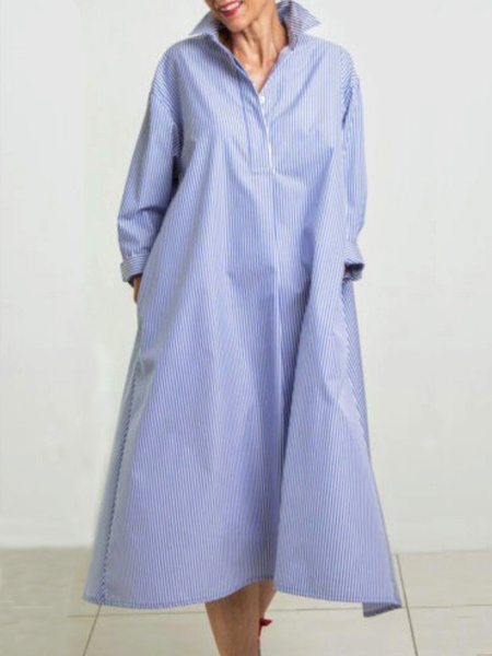 

Causal Daily Urban Loose Pockets Striped Shirt Dress, Blue, Midi Dresses