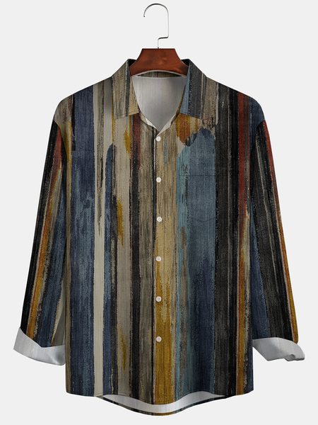 

Casual Art Collection Abstract Gradient Vintage Wood Grain Pattern Lapel Long Sleeve Print Shirt Top, Multicolor, Shirts ＆ Blouse