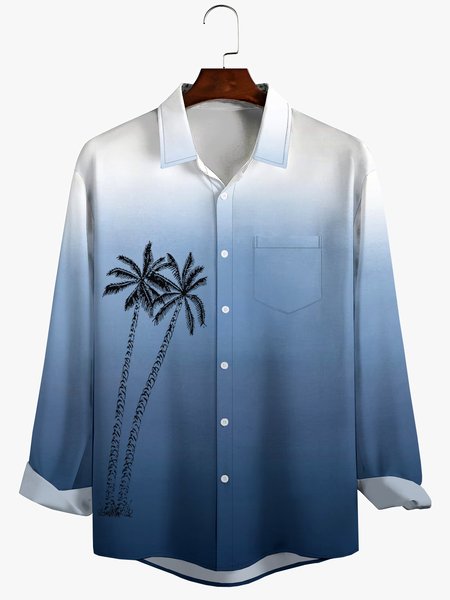 

Mens Hawaiian Ombre Coconut Tree Print Front Buttons Soft Breathable Chest Pocket Aloha Shirts, Blue, Long Sleeve Shirts