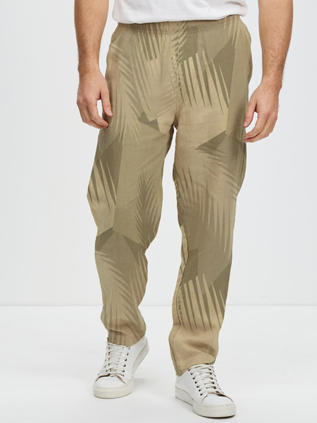 

Cotton and linen based plant camouflage printed style leisure trousers, As picture, Men's pants