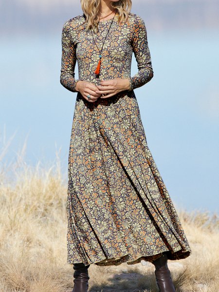 

Crew Neck Floral Casual Dresses, Purple, Maxi Dresses
