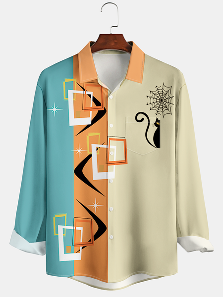 

Casual Art Collection Mid-Century Retro Striped Geometric Color Block Pattern Lapel Long Sleeve Print Shirt Top, Light khaki, Shirts ＆ Blouse