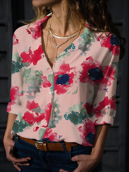 

Casual Floral Shawl Collar Regular Fit Blouse, Red, Shirts & Blouses