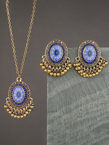 

Vintage Ethnic Pattern Tassel Earrings Necklace Set Boho Jewelry, Golden, Jewelry