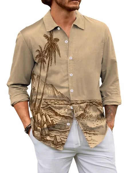 

Cotton Linen Hawaii Resort Casual Long Sleeve Shirt, As picture, Long Sleeve Shirts