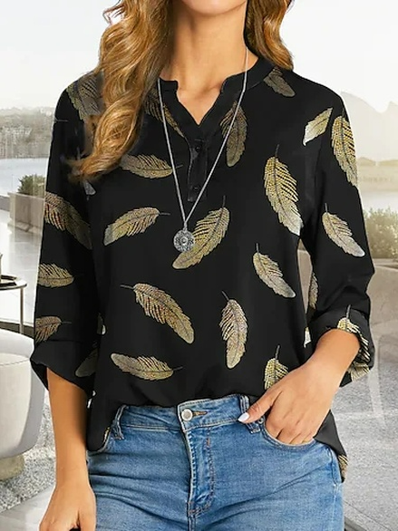 

Casual Feather Pattern Blouse, Black, Shirts & Blouses