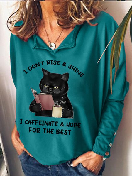 

Womens I Don't Rise & Shine, I Cafeinate & Hope For The Best Cat Lover Casual Sweatshirt, Green, Hoodies&Sweatshirts