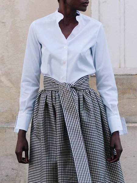 

Daily Stand Collar Simple Long Sleeve Plain Blouse, White, Blouses and Shirts