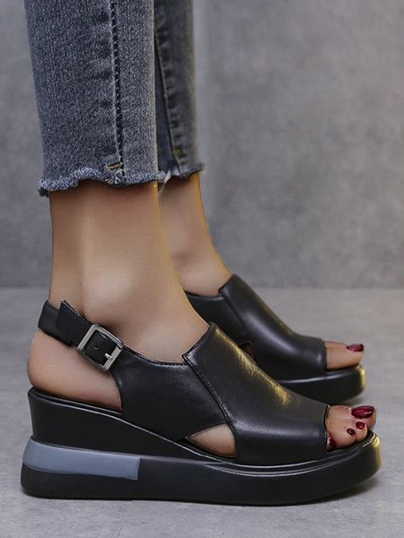 

Comfortable Soft Leather Platform Wedge Fish Mouth Shoes, Black, Sandals