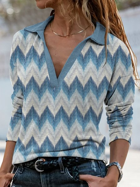 

Casual Geometric Loose Long Sleeve Top, Blue, Shirts & Blouses