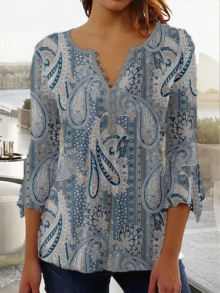 

Ethnic V Neck Vacation Tops, Gray, Shirts & Blouses