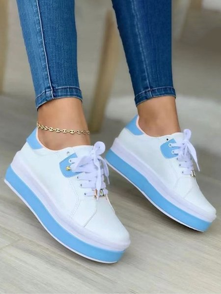 

Platform Low Top Lace Up Casual White Shoes, Sky blue, Creepers & Wedges