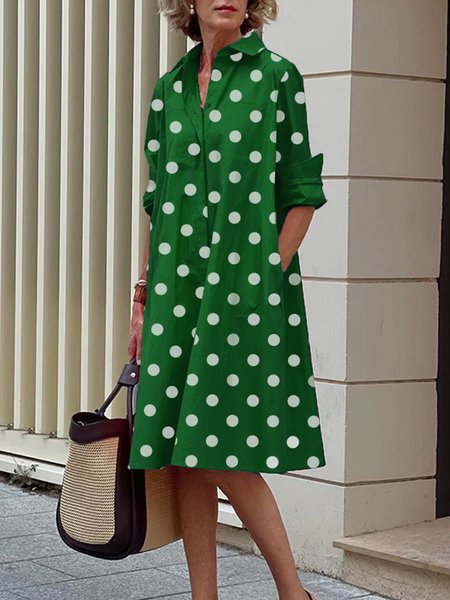 

Long sleeve Polka Dots Regular Fit Shirt Collar Dress, Green, Midi Dresses