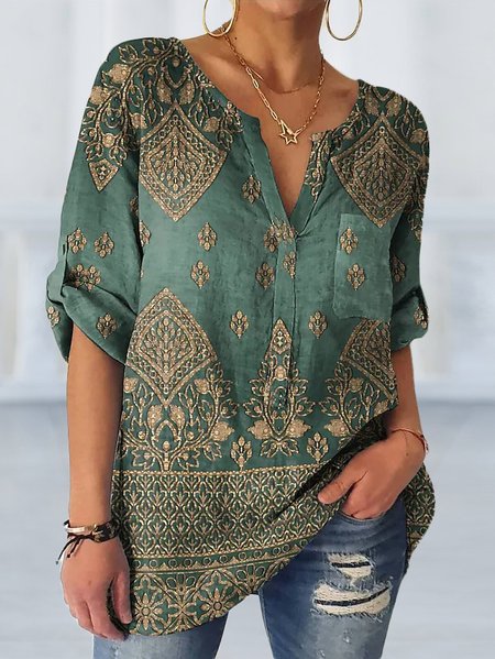 

V Neck Loose Ethnic Paisley Top, Green, Shirts & Blouses