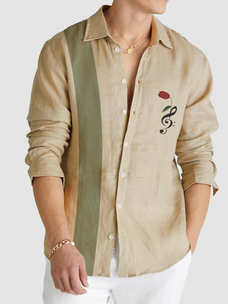 

Cotton and linen based leisure style net color plant long sleeve shirts, As picture, Long Sleeve Shirts