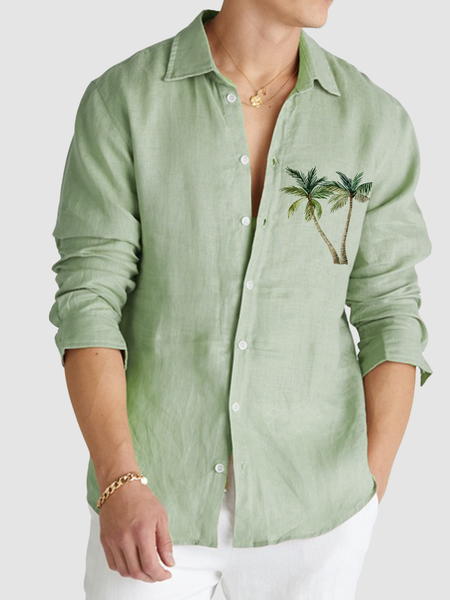 

Cotton and linen style net color based leisure coconut long sleeve shirts, As picture, Long Sleeve Shirts