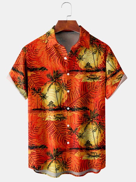 

Men's Coconut Tree Print Fashion Lapel Short Sleeve Hawaiian Shirt, Red, Short Sleeve Shirts