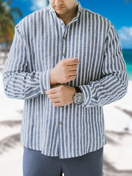 

Cotton Linen Striped Casual Long Sleeve Shirt, White-blue, Long Sleeve Shirts