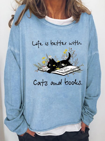 

Cat Book Shirt For Women Life Is Better With Cats And Books Simple Sweatshirt, Light blue, Hoodies&Sweatshirts
