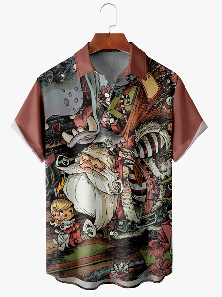 

Men's Santa Print Fashion Lapel Short Sleeve Hawaiian Shirt, Red, Short Sleeve Shirts