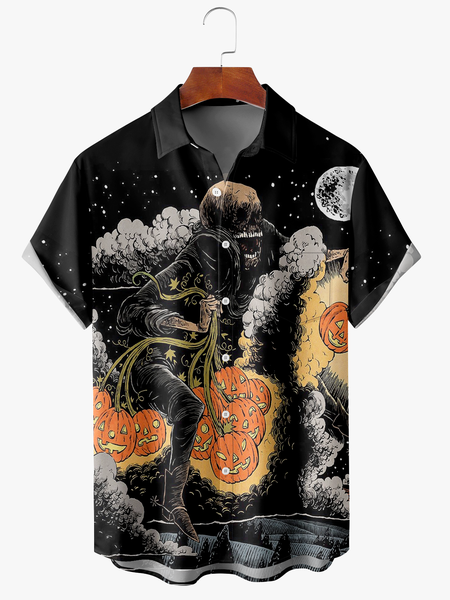 Men's Halloween Pumpkin Print Fashion Lapel Short Sleeve Hawaiian Shirt, Black, Short Sleeve Shirts