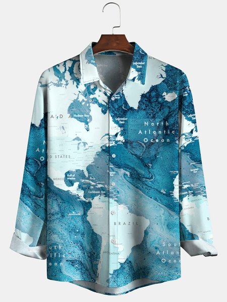 

Mens The World Map Print Front Buttons Soft Breathable Chest Pocket Casual Shirts, Blue, Long Sleeve Shirts
