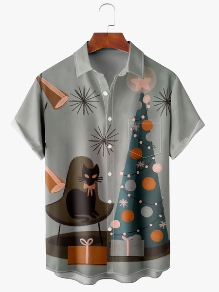 

Men's Cat Print Fashion Lapel Short Sleeve Hawaiian Shirt, Gray, Short Sleeve Shirts